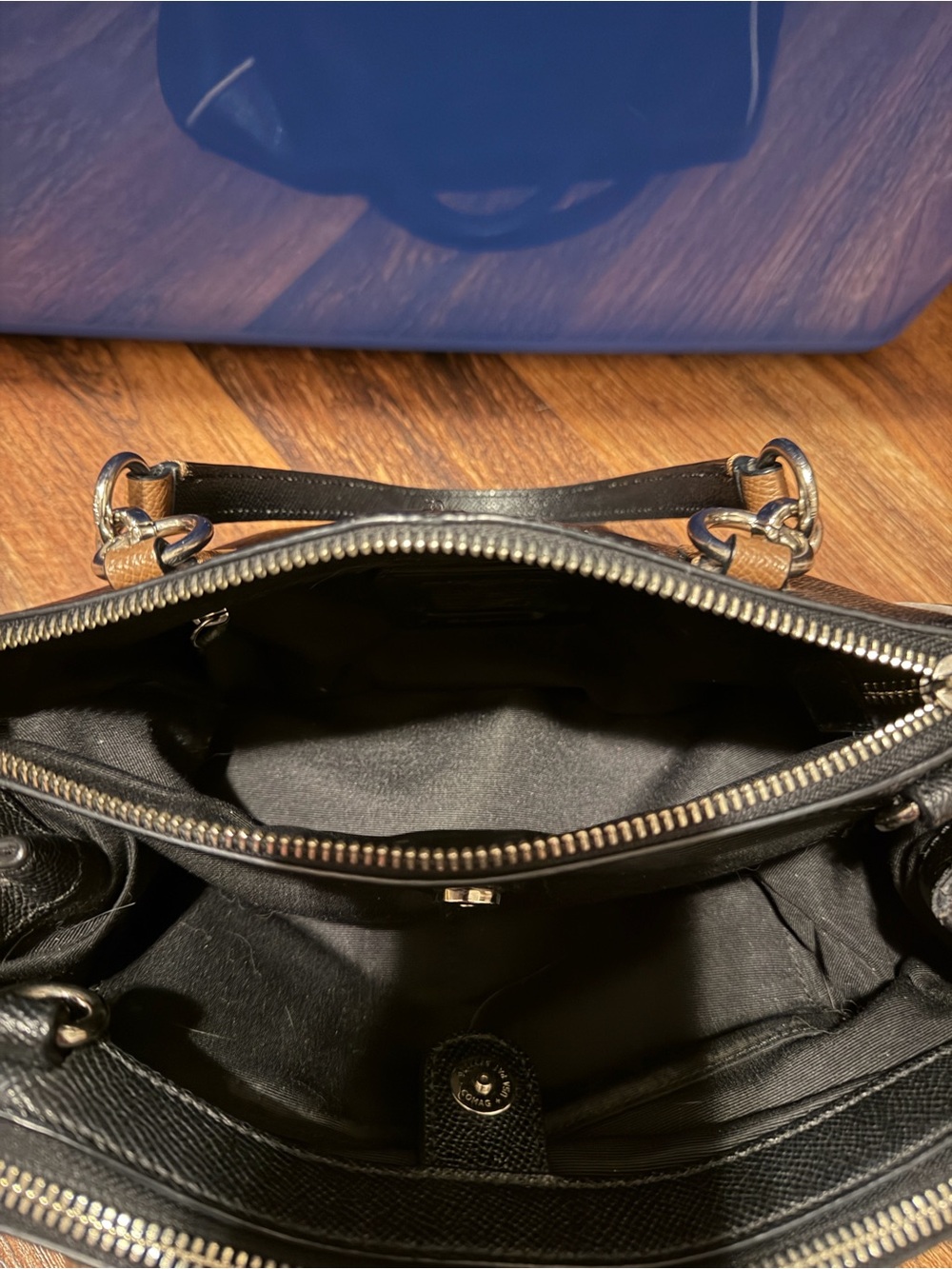 Coach Black Leather Satchel with Brown Handles and Cream Piping - Picture 8 of 8